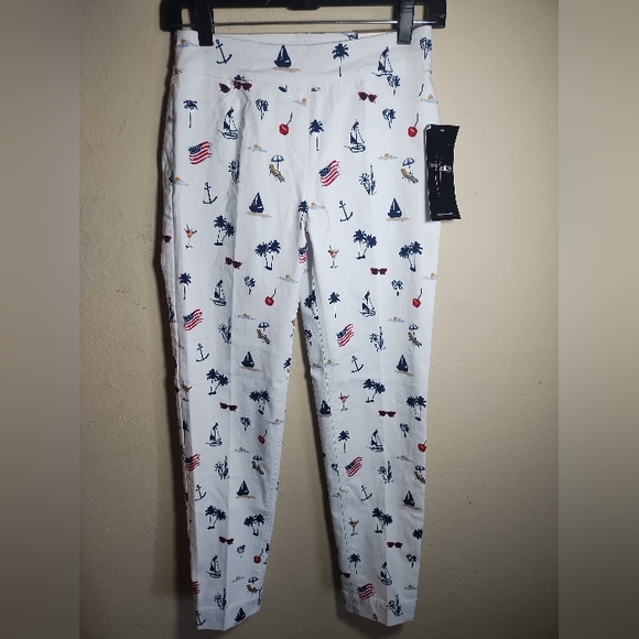 New Multiples Slim Sation Pull On Pants Nautical Patriotic Cherries - Picture 2 of 16
